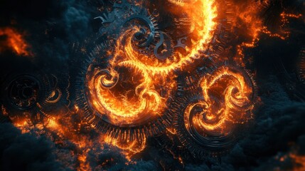 Poster - Flames weaving through a complex set of gears and cogs, each glowing element representing global industries in a dramatic, symbolic design