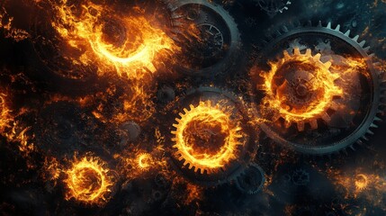 Poster - Flames weaving through a complex set of gears and cogs, each glowing element representing global industries in a dramatic, symbolic design