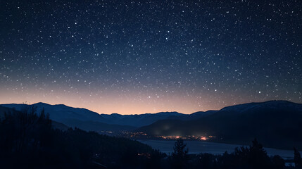 Wall Mural - a movement of stars in the night sky with the view of mountains.