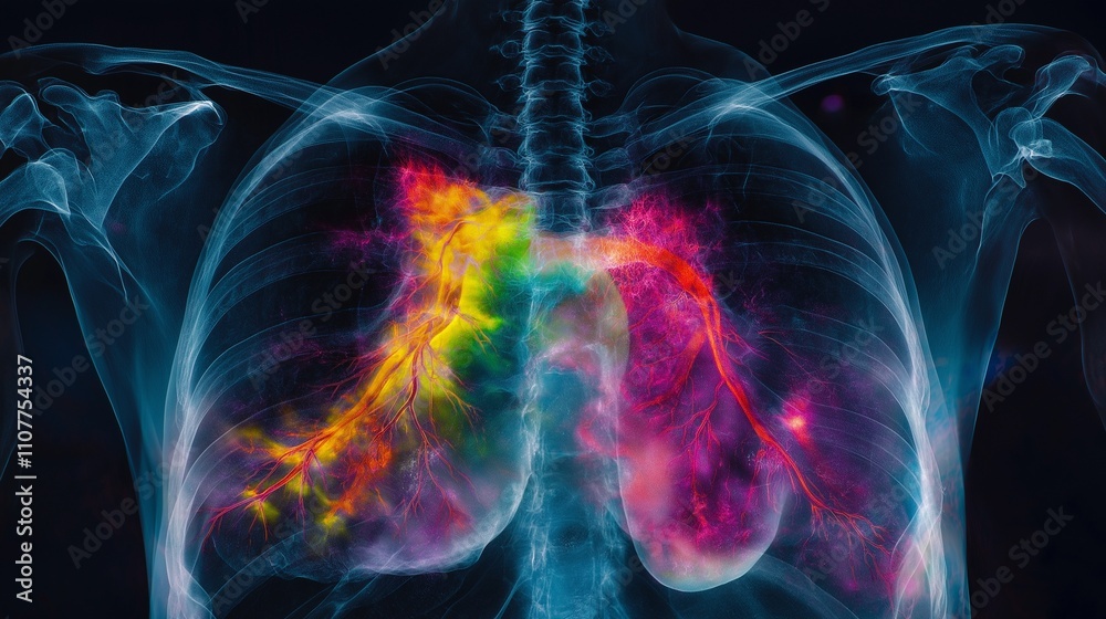 X-ray image of a human chest, showing the heart and major blood vessels ...