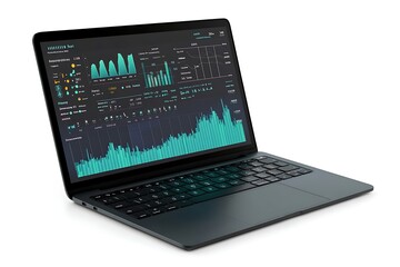 Poster - Laptop Displaying Financial Data and Graphs with Teal Accents