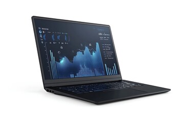 Poster - Black Laptop Displaying Blue Data Analytics Charts and Graphs