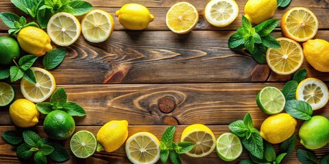 Aufkleber - A rustic wooden table is adorned with a vibrant border of fresh lemon and lime slices, interspersed with sprigs of fragrant mint leaves.