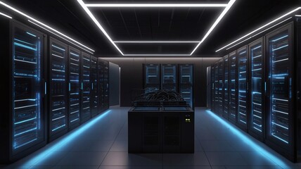 Wall Mural - A vibrant generative AI visualization of a data server room, with glowing nodes and connections symbolizing the flow of hosted information through the cloud