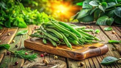 Poster - Fresh Green Beans on a Wooden Cutting Board with Herbs and Peppercorns