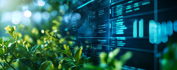 Poster - green leaves and technological data display