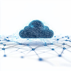 Poster - digital cloud symbol surrounded by network of interconnected nodes, representing technology and connectivity. This conveys sense of innovation and modernity