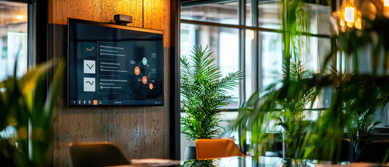 Poster - Modern conference room with large screen displaying data analytics, surrounded by greenery. atmosphere is professional and inviting, perfect for meetings