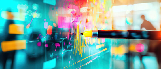 Poster - vibrant office environment showcasing close up of pen writing on colorful, dynamic surface filled with abstract patterns and data visualizations. atmosphere is energetic and creative