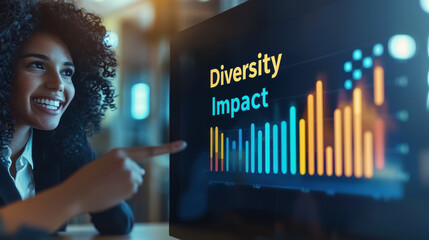 Poster - Businesswoman analyzing data on diversity impact with smile, showcasing vibrant bar graphs on screen. This highlights importance of diversity in workplace