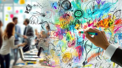 Poster - Creative brainstorming session with business team, showcasing colorful sketches and ideas on whiteboard, symbolizing innovation and collaboration