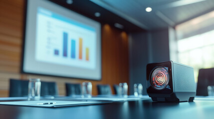 Poster - high resolution image of business presentation setup featuring projector, charts, and modern conference room. atmosphere is professional and focused