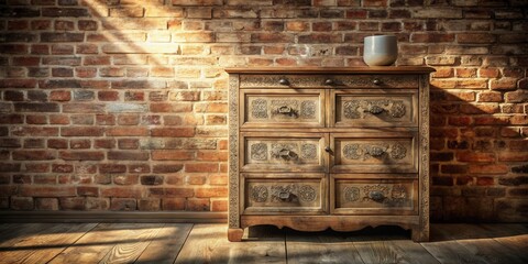 Poster - An Intricately Carved Wooden Chest of Drawers Stands Against a Sunlit Brick Wall, Creating a Rustic and Elegant Contrast