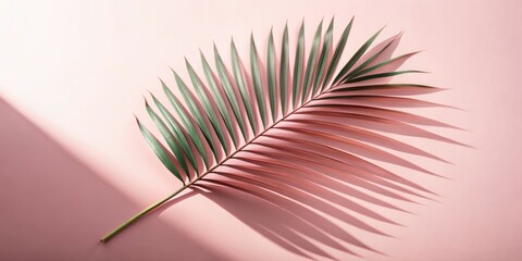 Poster - A single green palm frond casts a long shadow on a pink background, showcasing the intricate details of its structure and delicate light play.