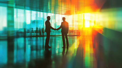 Poster - professional meeting between two leaders in modern office setting, showcasing handshake against vibrant backdrop of sunlight and glass reflections