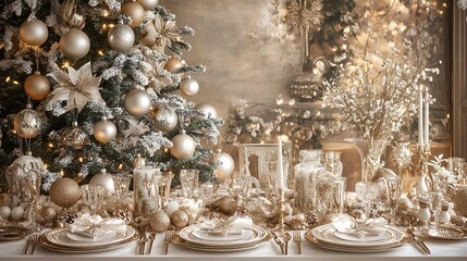 Poster - Elegant gold and white Christmas decorations adorn a festive table and tree in a cozy holiday setting