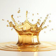 Poster - stunning image of golden liquid splash against pristine white background, capturing dynamic motion and beauty of droplets. vibrant color and intricate details evoke sense of freshness and energy
