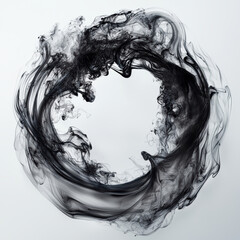 Poster - swirling black smoke design on pristine white background creates captivating visual effect. dynamic movement evokes sense of fluidity and elegance