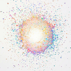 Poster - vibrant explosion of colorful bubbles against pristine white background creates mesmerizing visual effect. radiant light at center enhances dynamic feel of image