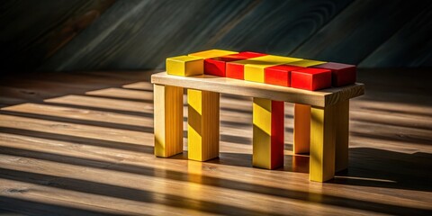 Aufkleber - A Simple Wooden Bench Crafted from Yellow and Red Building Blocks with Sunbeams Illuminating the Surface