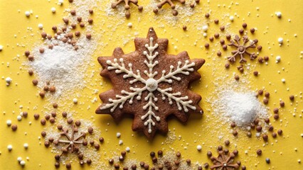 Poster - A gingerbread snowflake cookie decorated with white icing and surrounded by sugar and sprinkles on a yellow background