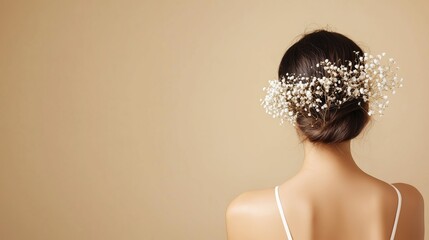 Poster - woman with delicate flowers in hair poses against light brown background, capturing elegance and sim