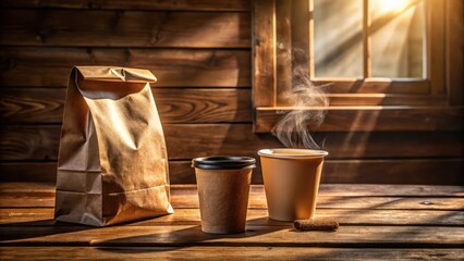 Poster - A cozy and rustic scene with a paper bag, steaming coffee cups, and a wooden table, capturing the warmth of a sunlit afternoon.