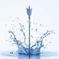 Poster - striking image of metallic arrow piercing through water, creating dynamic splashes and ripples. pristine background enhances visual impact of scene