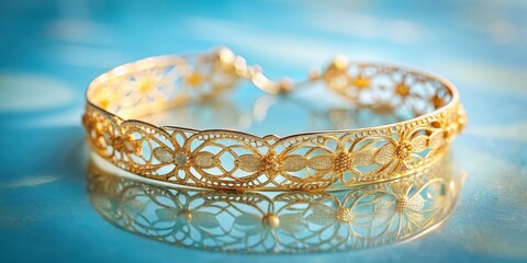 Poster - A delicate gold bracelet with intricate floral designs sits upon a smooth blue surface, its reflection adding depth and shimmer to the image.