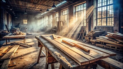 Poster - Sunlight Streaks Through Dusty Workshop Windows, Illuminating Rough-Hewn Wood Planks Resting on a Simple Workbench
