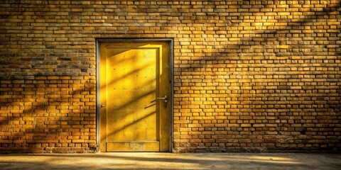 Aufkleber - A yellow door set in a wall of yellow bricks with sunlight casting long shadows across the ground