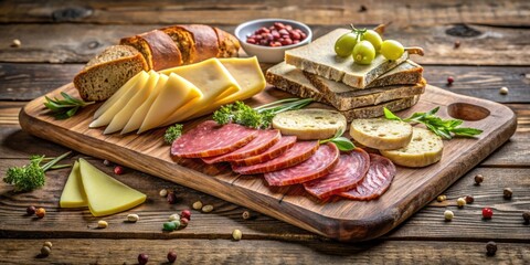 Poster - A rustic wooden board with a variety of sliced bread, cheese, cured meat, and grapes
