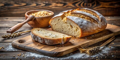 Wall Mural - A loaf of freshly baked bread sliced on a wooden board with a sprinkle of flour and wheat stalks nearby