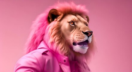 Wall Mural - lion roaring in a pink jacket 4k animation