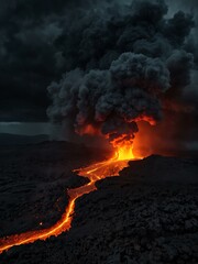 Wall Mural - Molten lava flowing from an active volcano under dark skies.