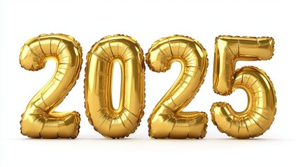 Poster - Gold foil balloons shaped like the numbers 2025 isolated on a white background, a 3D rendering illustration of a new year celebration concept