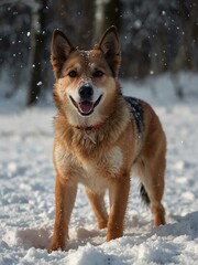 Wall Mural - Mongrel dog playing in snow on its hind legs.