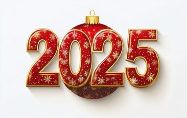 Poster - Red number 2025 in the shape of a Christmas ornament, white background, golden shimmer and glitter effects,  with a gold outline stroke, red color scheme, golden details, Christmas elements around it