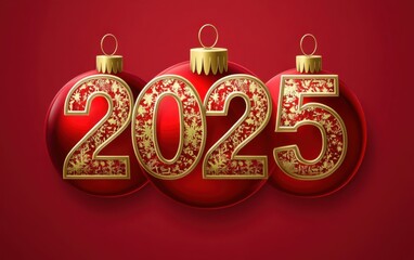 Poster - Number 2025 in red and gold color, decorated with Christmas ornaments, against a red background with red Christmas balls, creating a festive atmosphere with red and gold colors