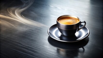 Poster - A steaming cup of coffee sits on a black table with a blurred abstract background.