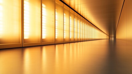 Poster - Long corridor illuminated by warm golden light showcasing modern architecture and clean lines