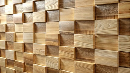 Aufkleber - A close-up of a wall crafted from meticulously arranged rectangular wooden blocks, each showcasing a unique grain pattern, creating an intricate and visually appealing texture.