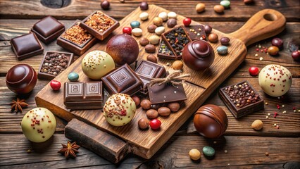Poster - Assortment of dark, milk, and white chocolate candies and bars on a rustic wooden surface.