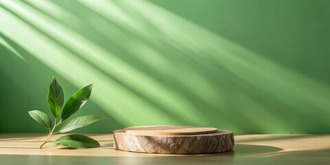 Poster - Minimalist Wood Platform with Green Leaves and Natural Sunlight in a Green Room