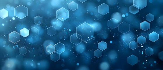 Poster - An abstract background featuring translucent hexagonal shapes in varying sizes, set against a deep blue backdrop with light bokeh effects, creating a serene and modern ambiance.