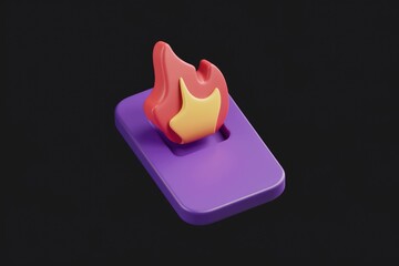 Poster - 3D render of a fire icon on a purple rectangle  representing app notifications or urgency