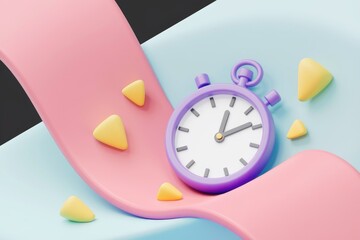 Poster - A purple stopwatch rests on pastel pink and blue waves  surrounded by small yellow triangles