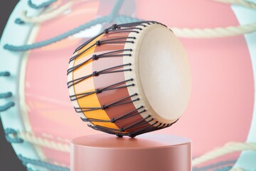 Poster - Colorful 3D render of taiko drum on pink pedestal