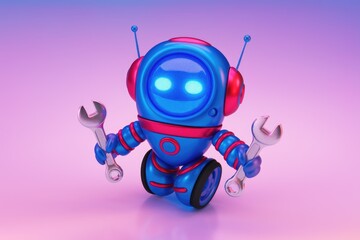 Aufkleber - A cute blue and red robot holds two wrenches  ready to fix anything! background removed