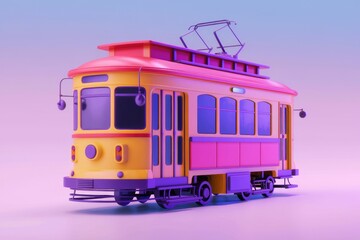 Poster - A vibrant  cartoonish depiction of a vintage tram  rendered in bright pink and yellow